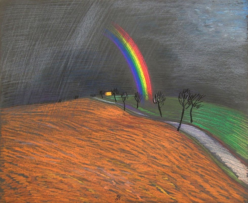 Wolfgang Mattheuer Landschaft mit Regenbogen, Ölpaste © Galerie Alte Schule
